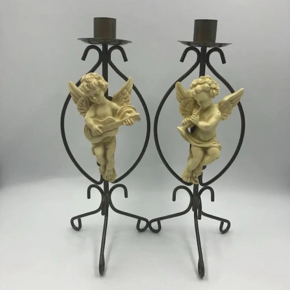 Vintage Metal Angel Set of 2 Taper Candle Holders Spiritual Holiday Décor Altar